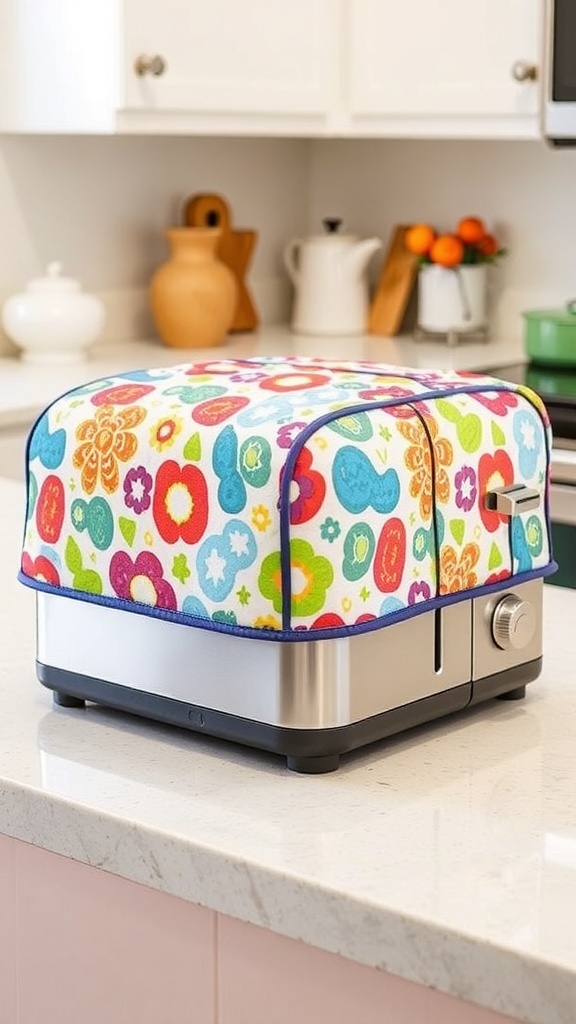 A colorful 4-slice toaster cover on a kitchen countertop, protecting the toaster from dust.
